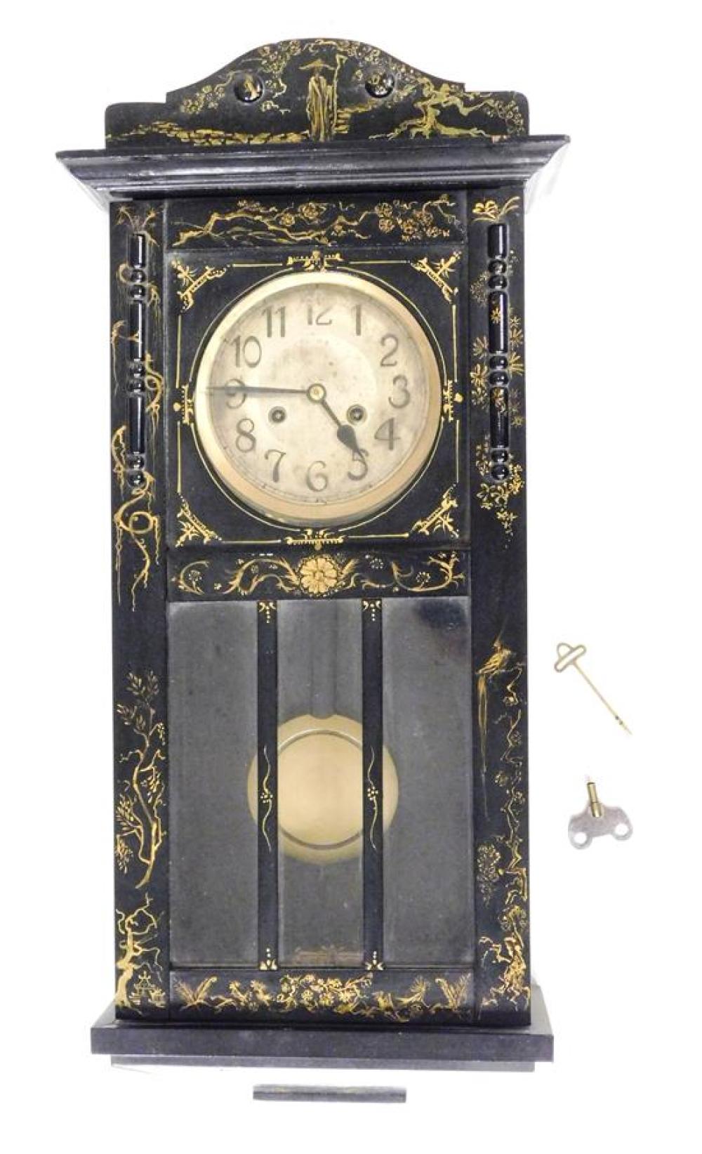 CLOCK: 1920S WALL CLOCK, BLACK LACQUER