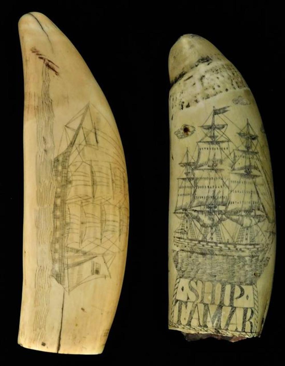 SCRIMSHAW, TWO SHIP DECORATED OBJECTS,