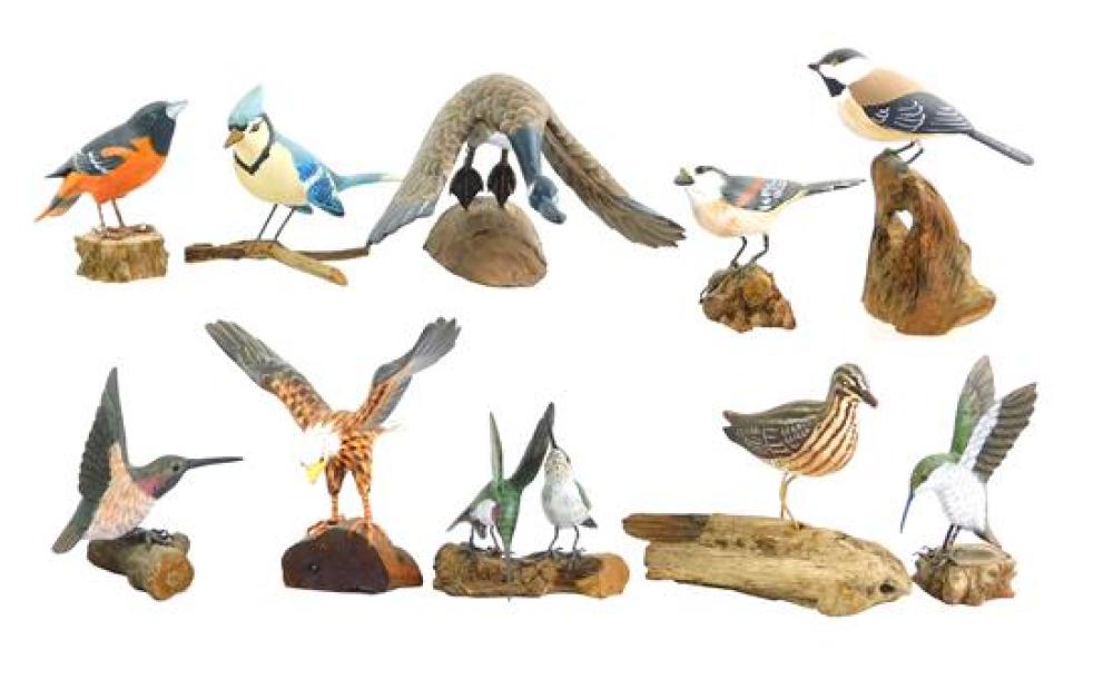 TEN PAINTED AND CARVED WOODEN BIRDS,