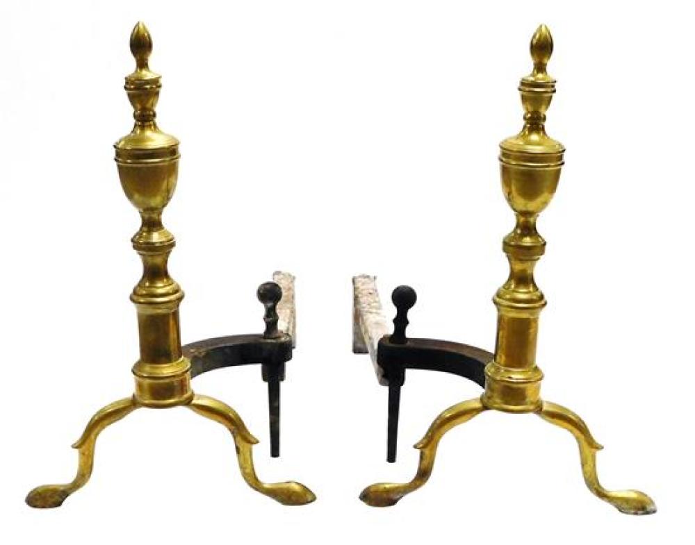 PAIR OF BRASS ANDIRONS WITH URN