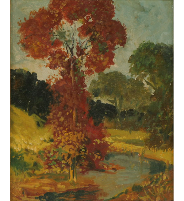 Autumn tree in landscape; oil on