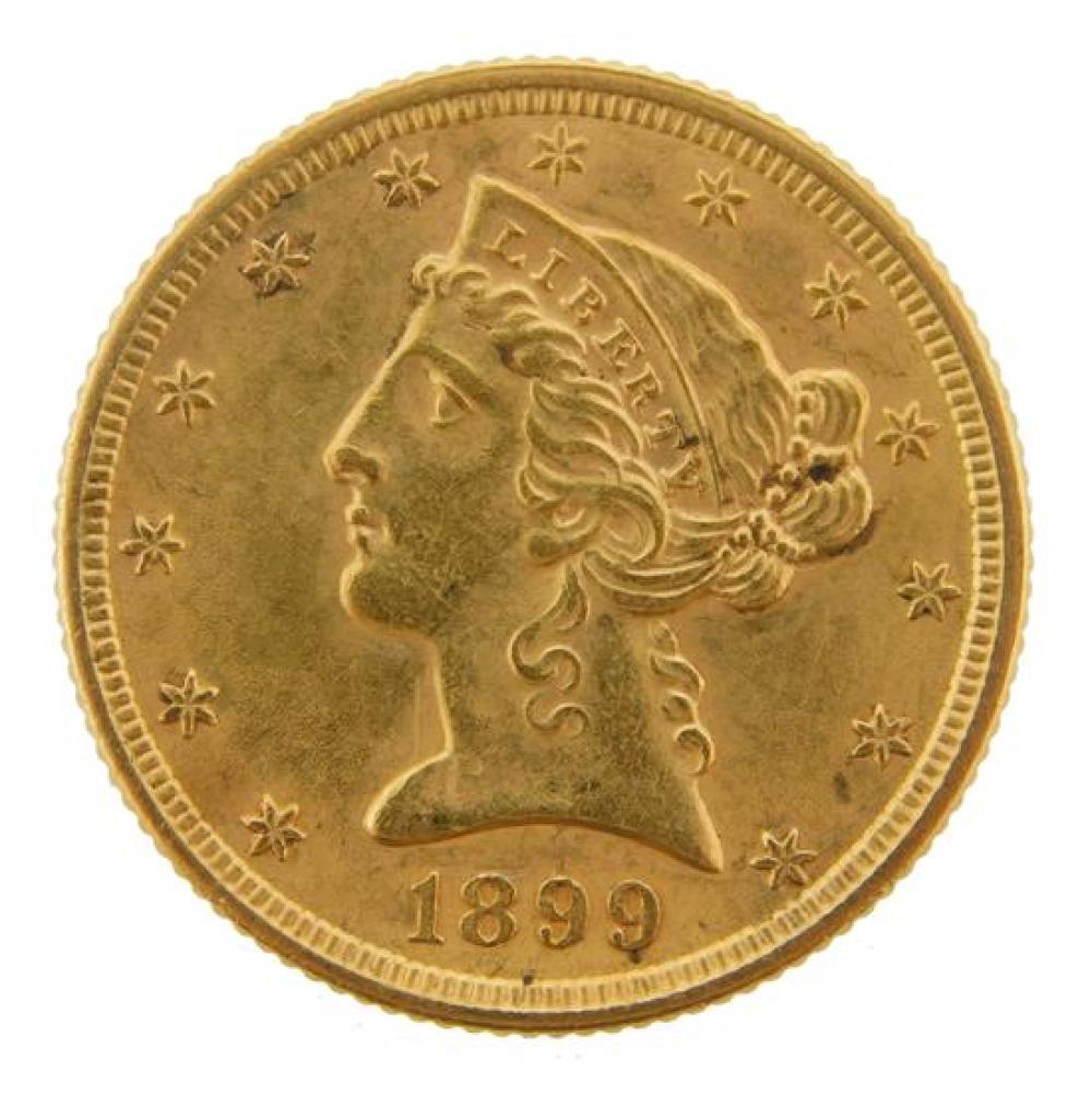 COIN: 1899 US $5 GOLD COIN. ALMOST