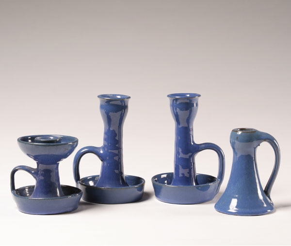 Waco/Bybee blue art pottery candlesticks;