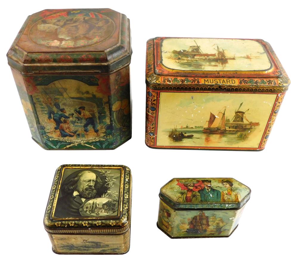 FOUR DECORATIVE MUSTARD TINS THE 31dcf7