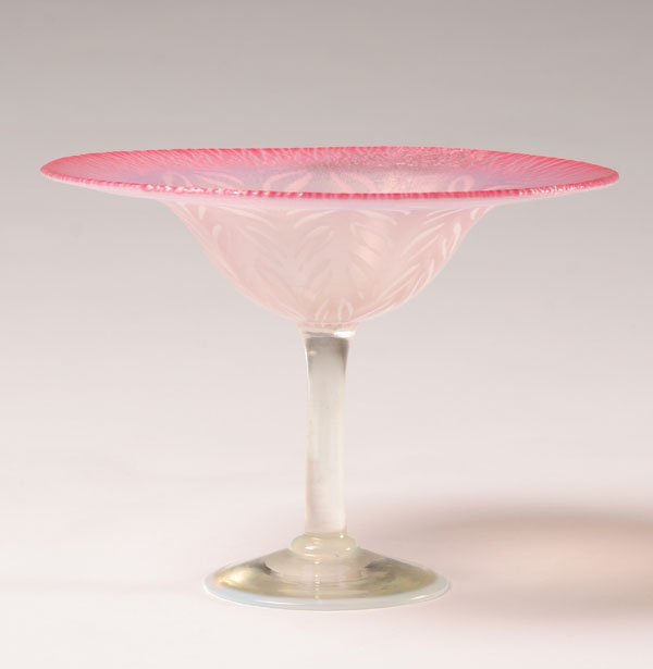 Tiffany pastel pink art glass compote;