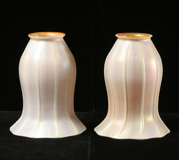 Pair Quezal art glass lamp shades;