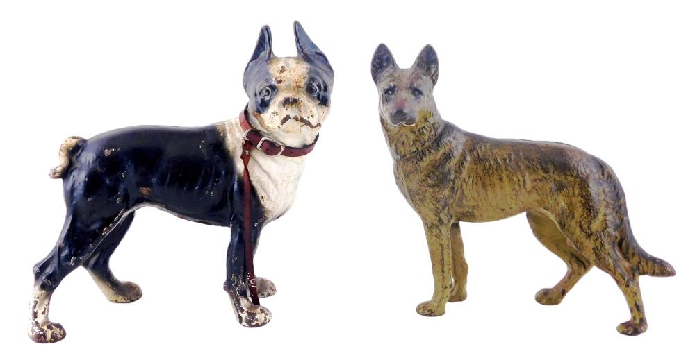 HUBLEY, ETC., TWO CAST IRON DOG DOORSTOPS: