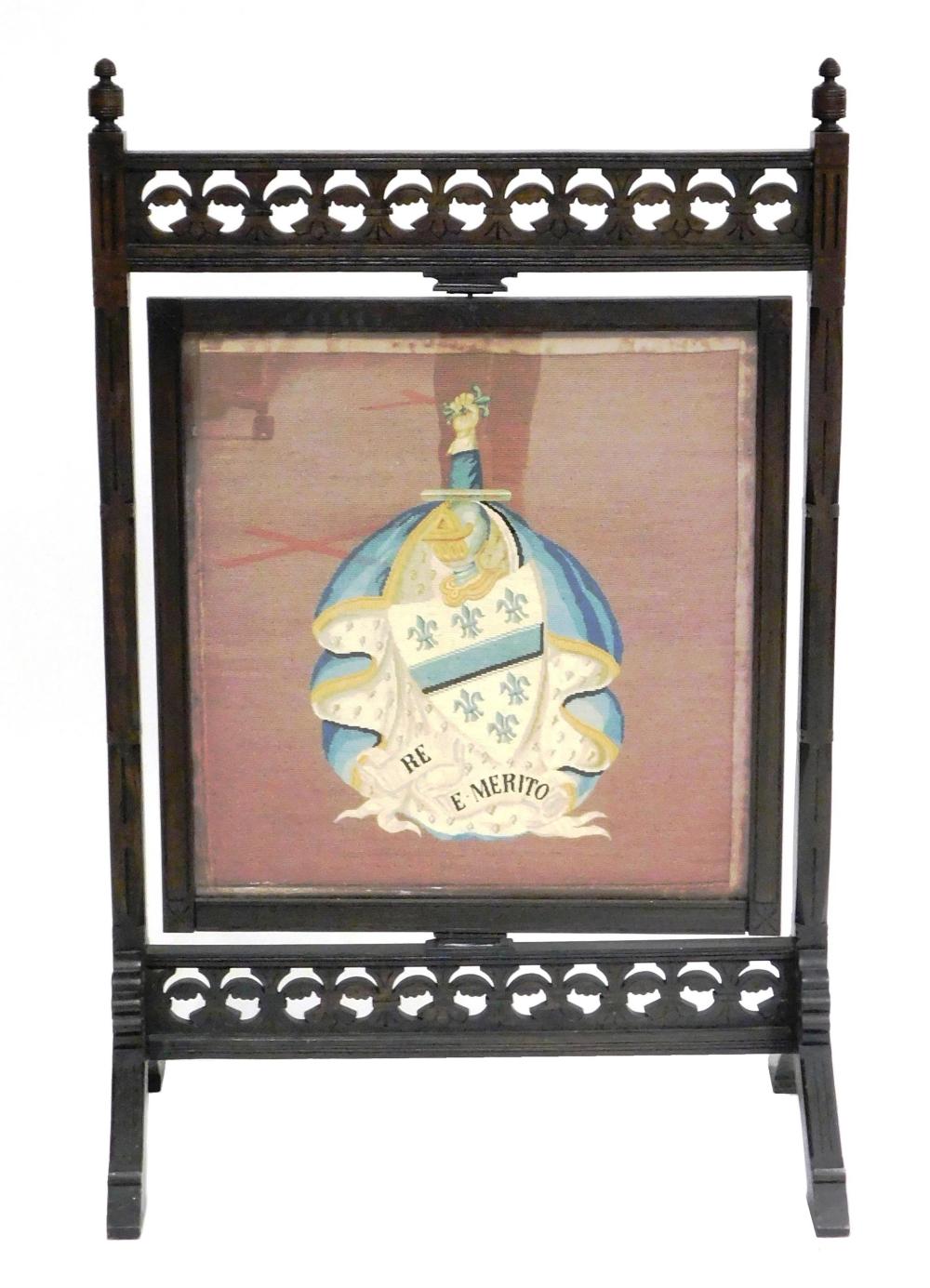 19TH C. FIRE SCREEN, DARK WOOD WITH
