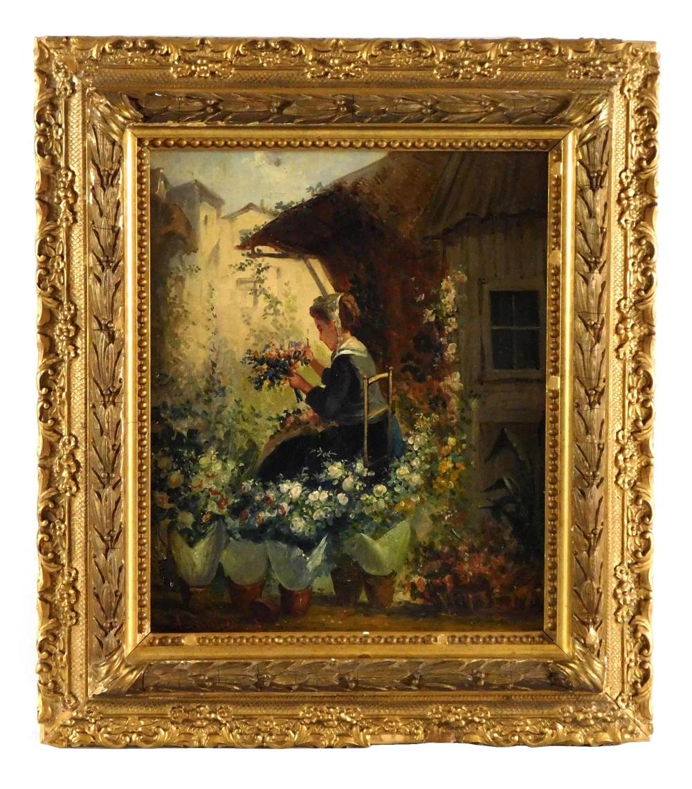 OIL ON CANVAS OF WOMAN IN GARDEN,