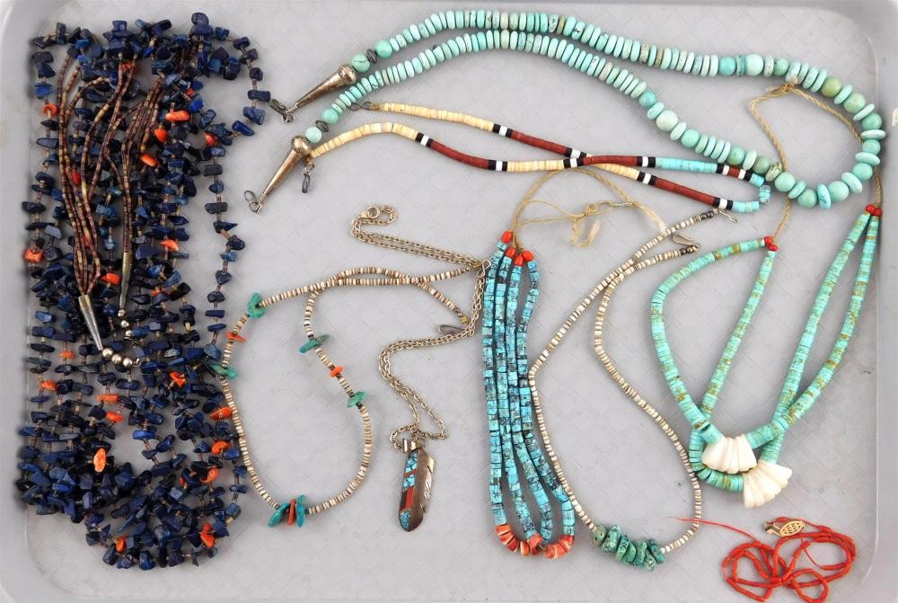 NINE NECKLACES, MOST BEADED, STONES