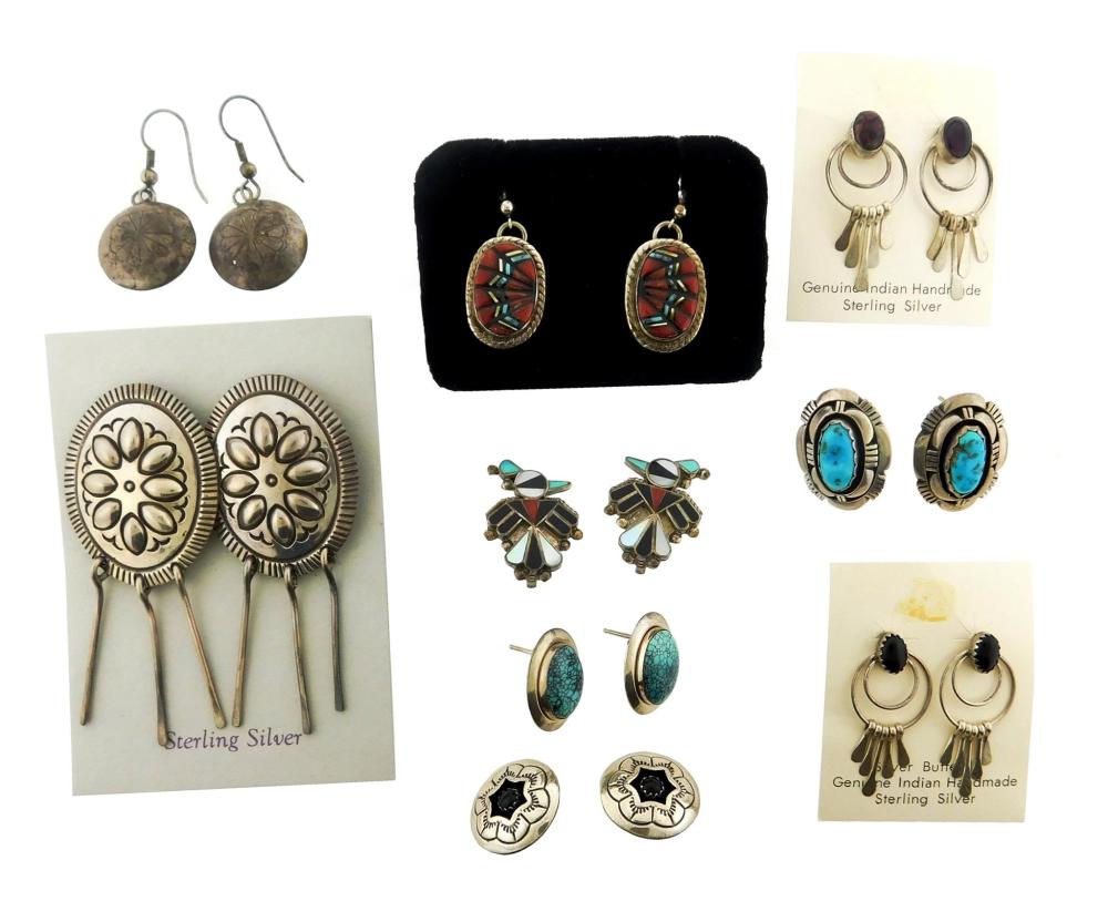 NINE PAIRS OF SILVER EARRINGS, SOME