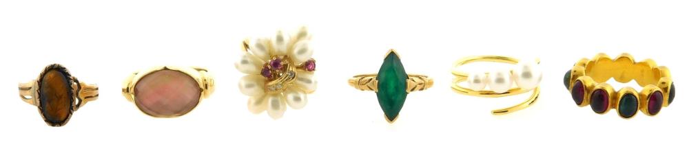 JEWELRY: SIX GEMSTONE RINGS, ALL