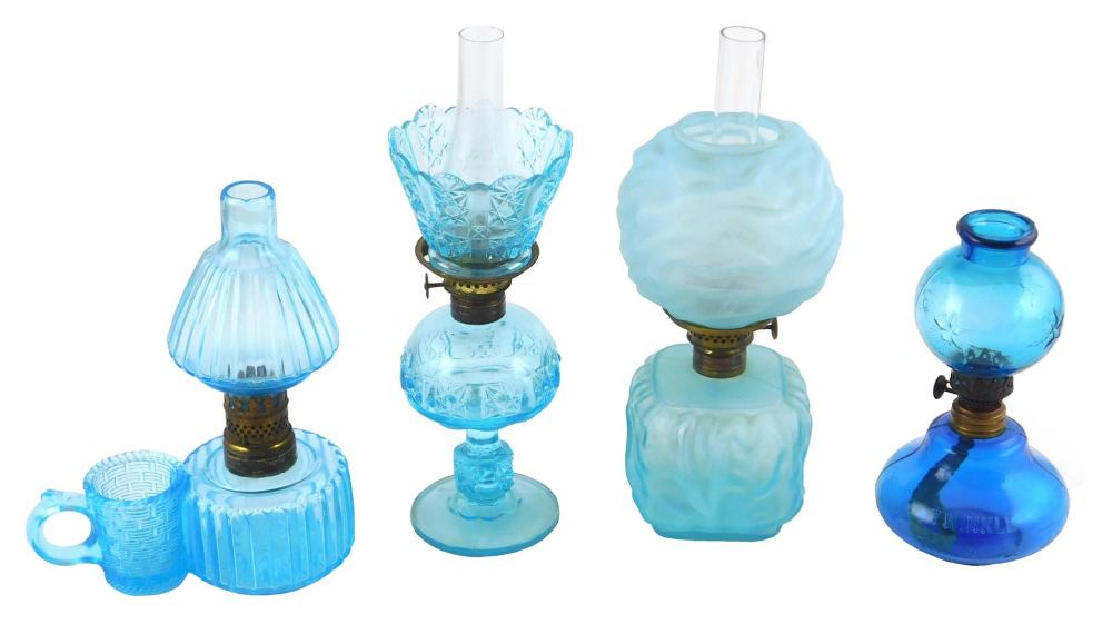 MINIATURE OIL LAMPS, FOUR PIECES,