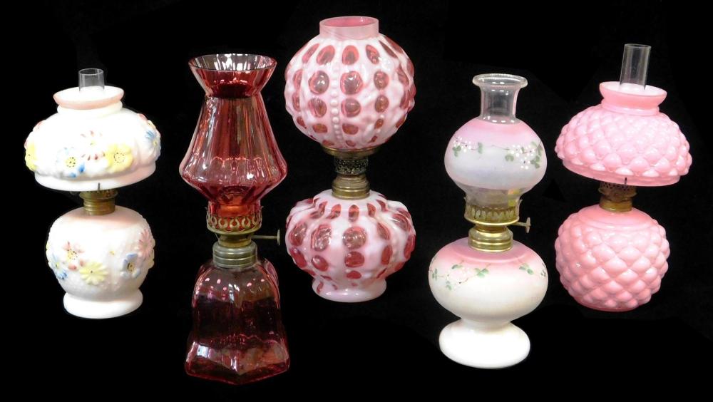 MINIATURE OIL LAMPS, ALL WITH PINK,