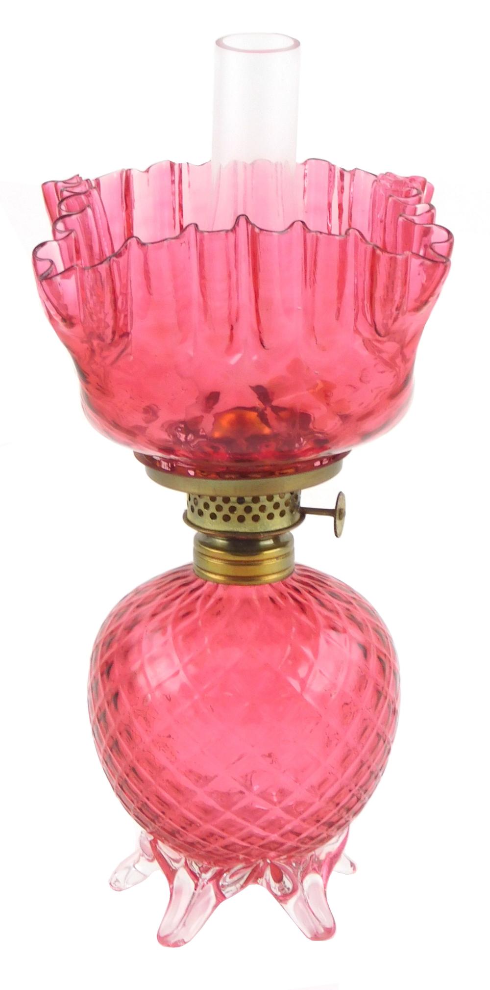 MINIATURE OIL LAMP, CRANBERRY FOOTED