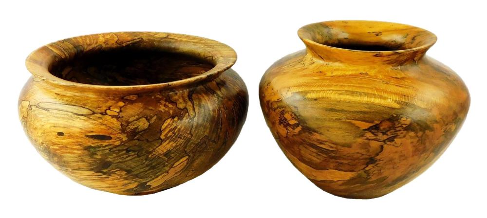 TWO ARTIST SIGNED TURNED WOOD VASES: