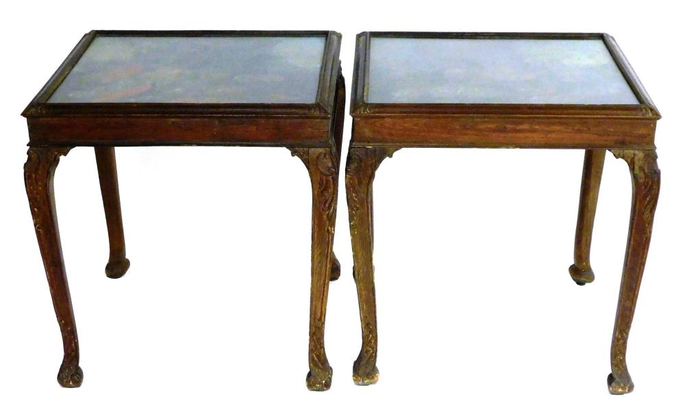 PAIR SIDE TABLES WITH OIL ON CANVAS