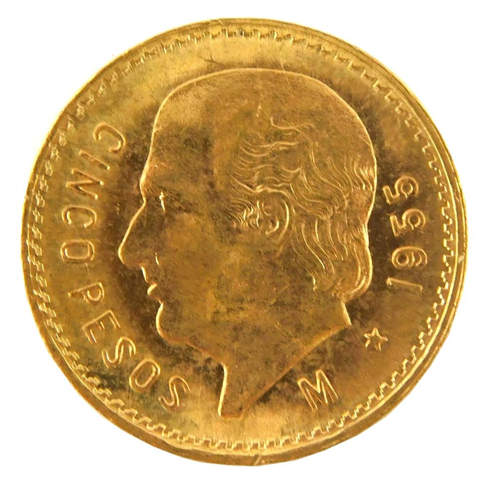 COINS: 1955 MEXICO 5 PESOS GOLD