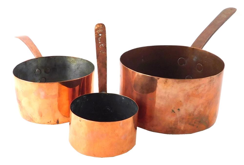 THREE COPPER POTS WITH RIVET MOUNTED
