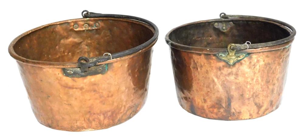 TWO LARGE, HAMMERED COPPER CAULDRONS