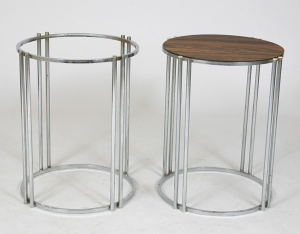 Pair Round Machine Age chrome side tables.