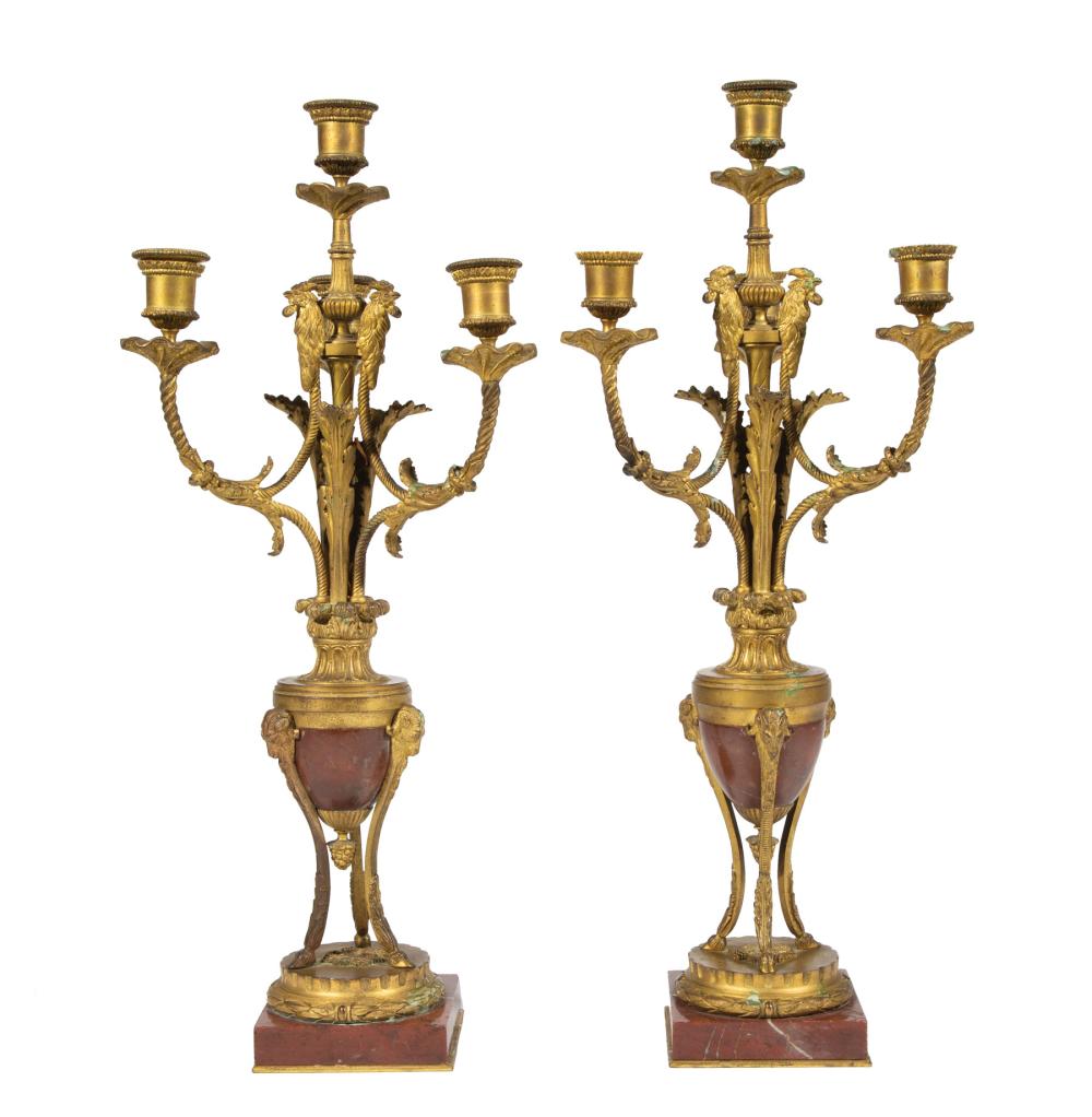 GILT BRONZE AND ROUGE MARBLE CANDELABRAPair