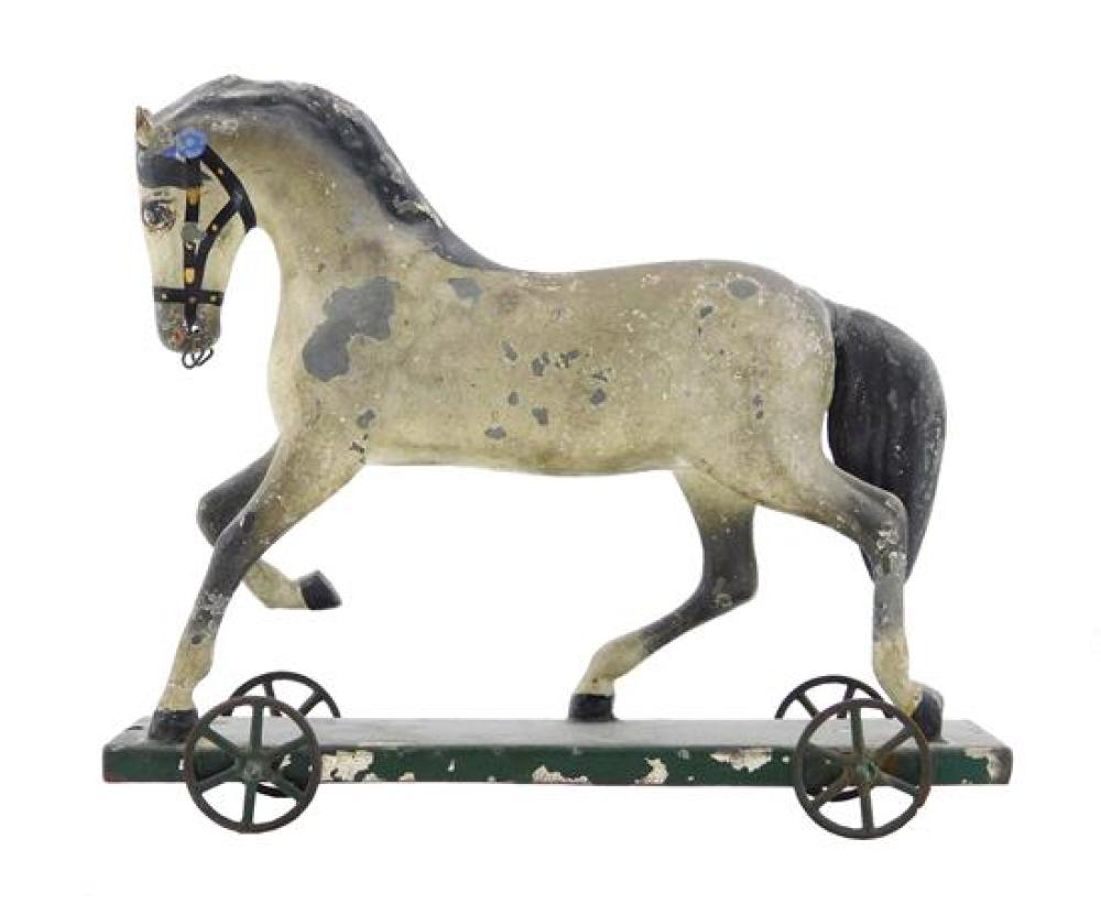EARLY TIN HORSE PULL TOY, AMERICAN,