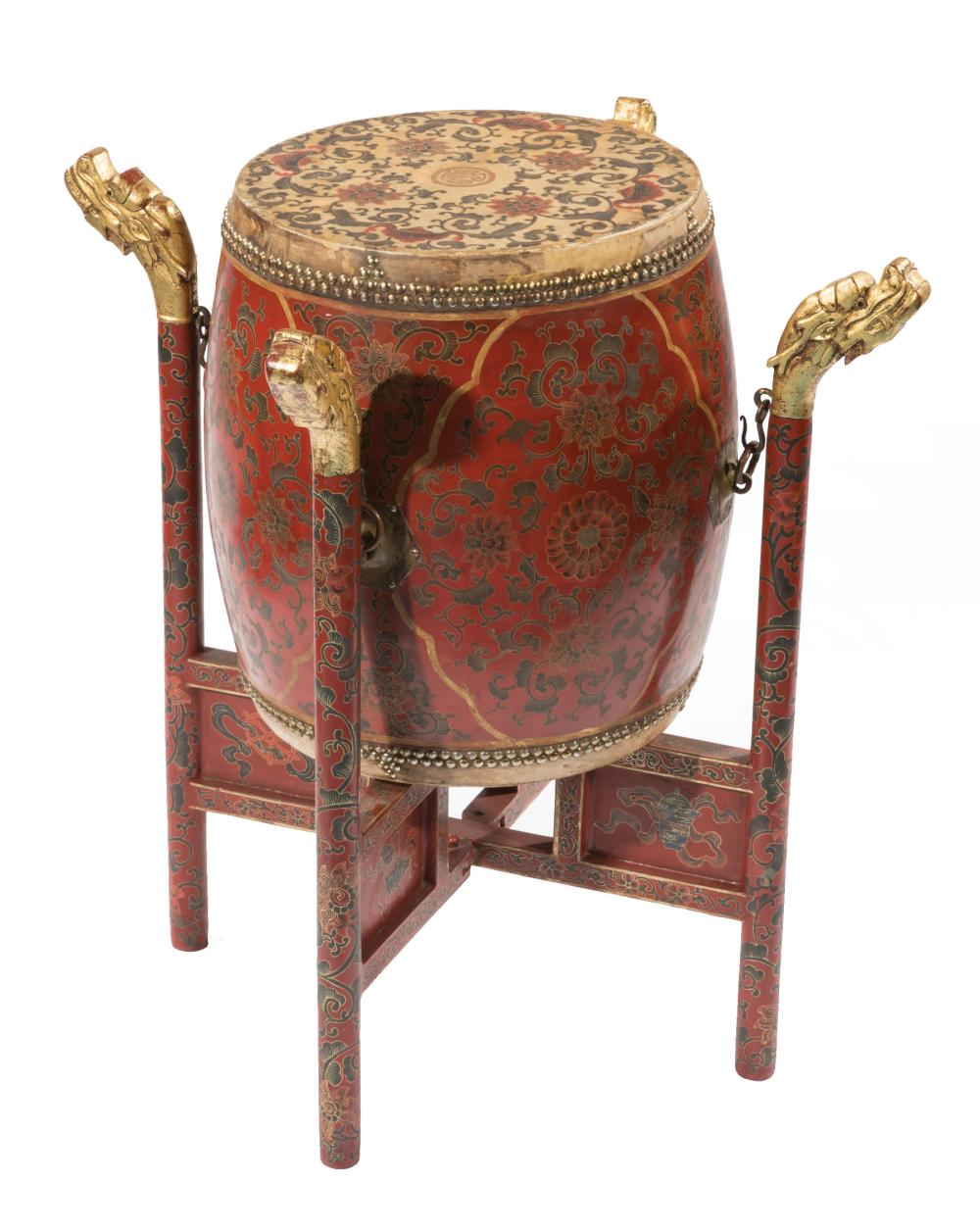 CHINESE DECORATED RED LACQUER DRUM