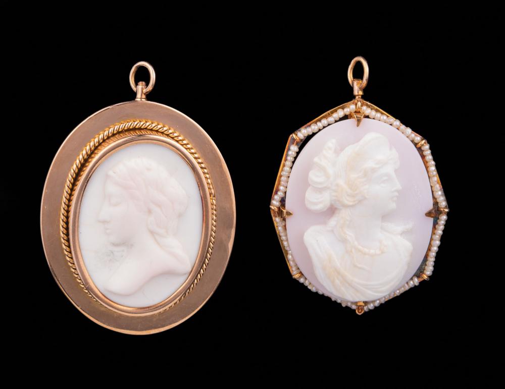14 KT. YELLOW GOLD AND CAMEO PENDANT/BROOCHESTwo