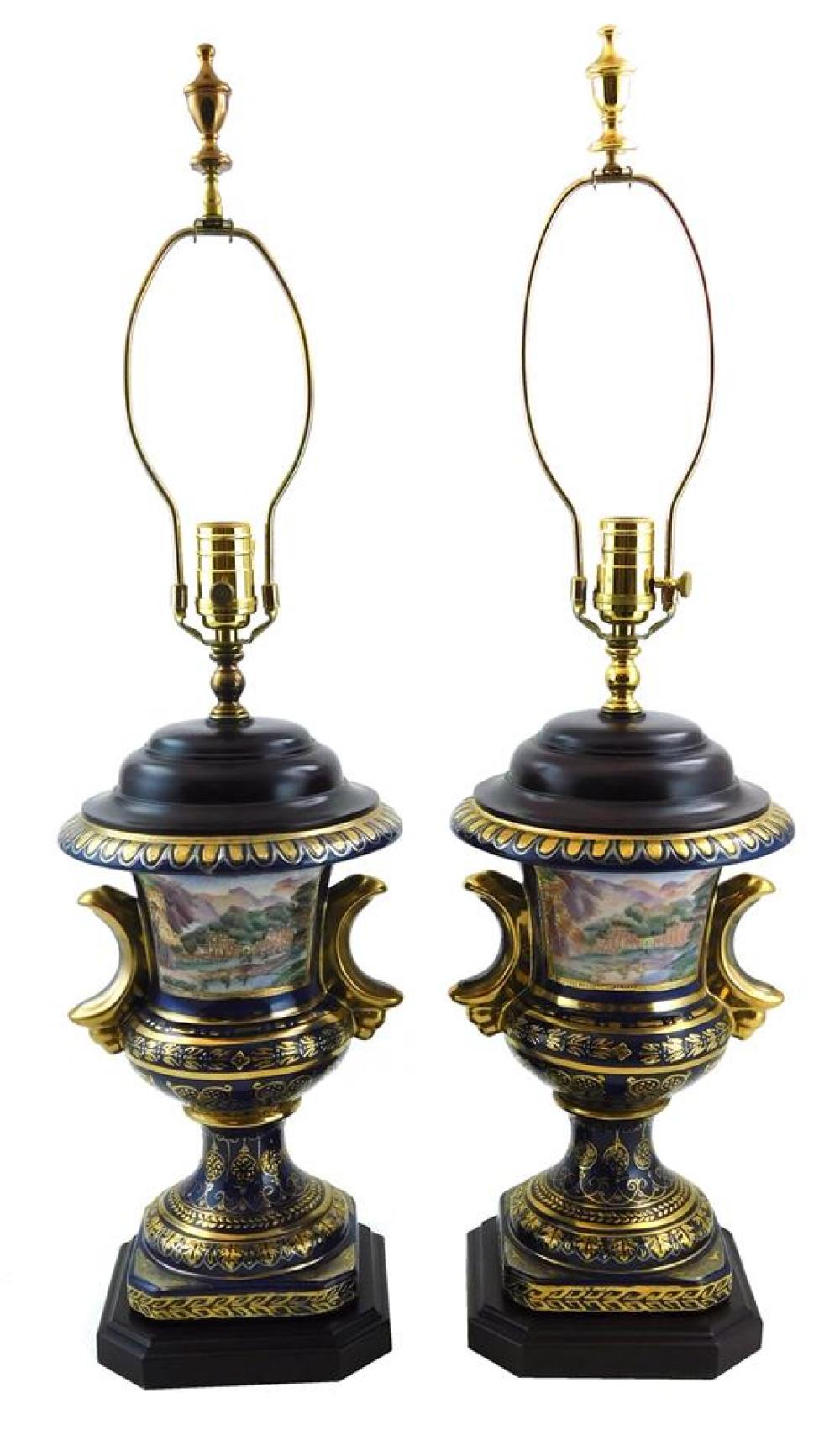 PAIR PORCELAIN URNS MOUNTED AS