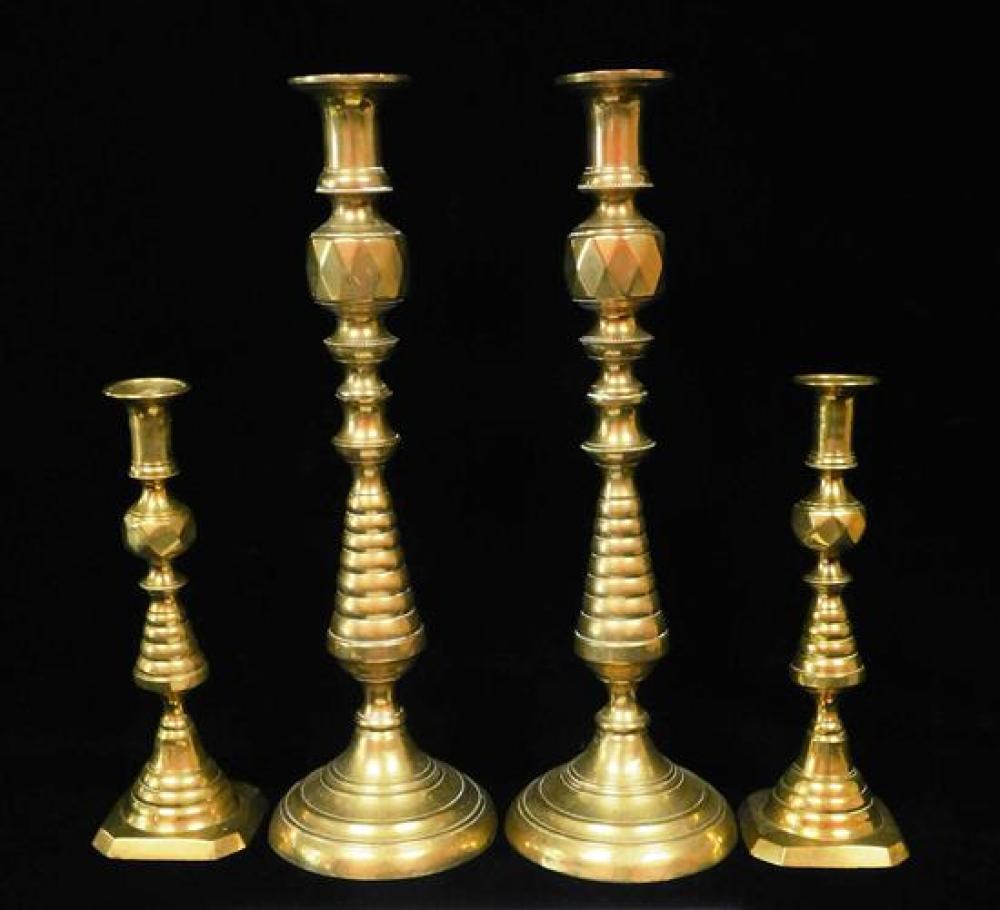 TWO EARLY PAIR OF BRASS CANDLESTICKS  31c0b2