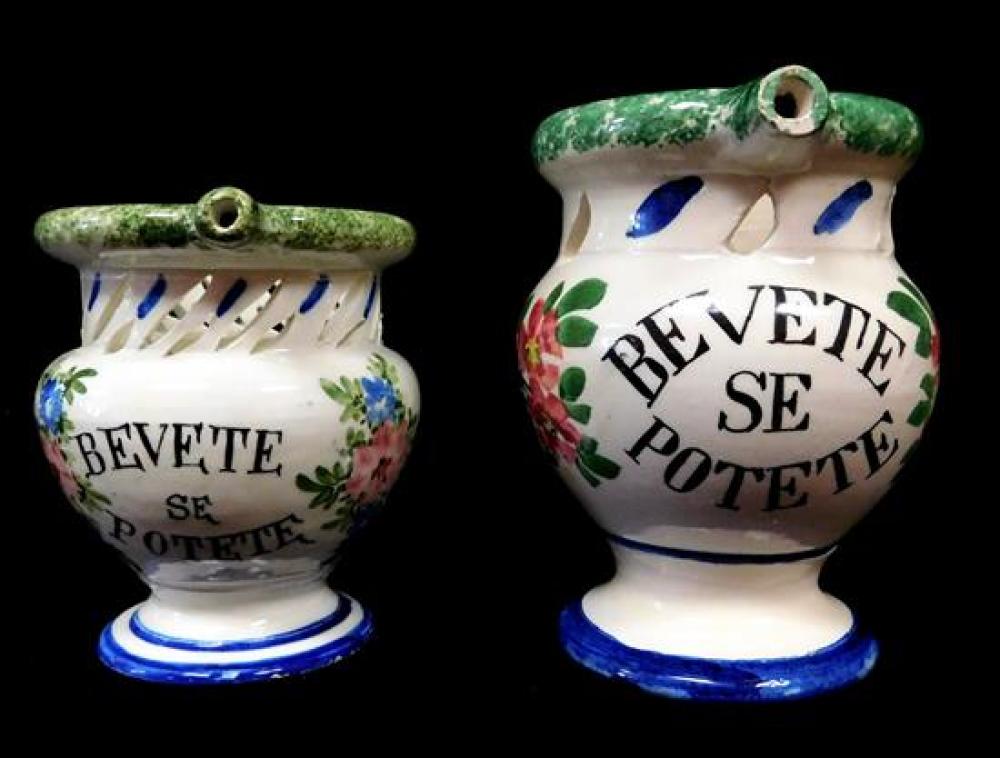 TWO ITALIAN CERAMIC PUZZLE PITCHERS,