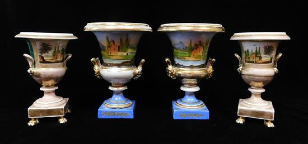 TWO PAIR OF ENGLISH VASES ON PEDESTALS,