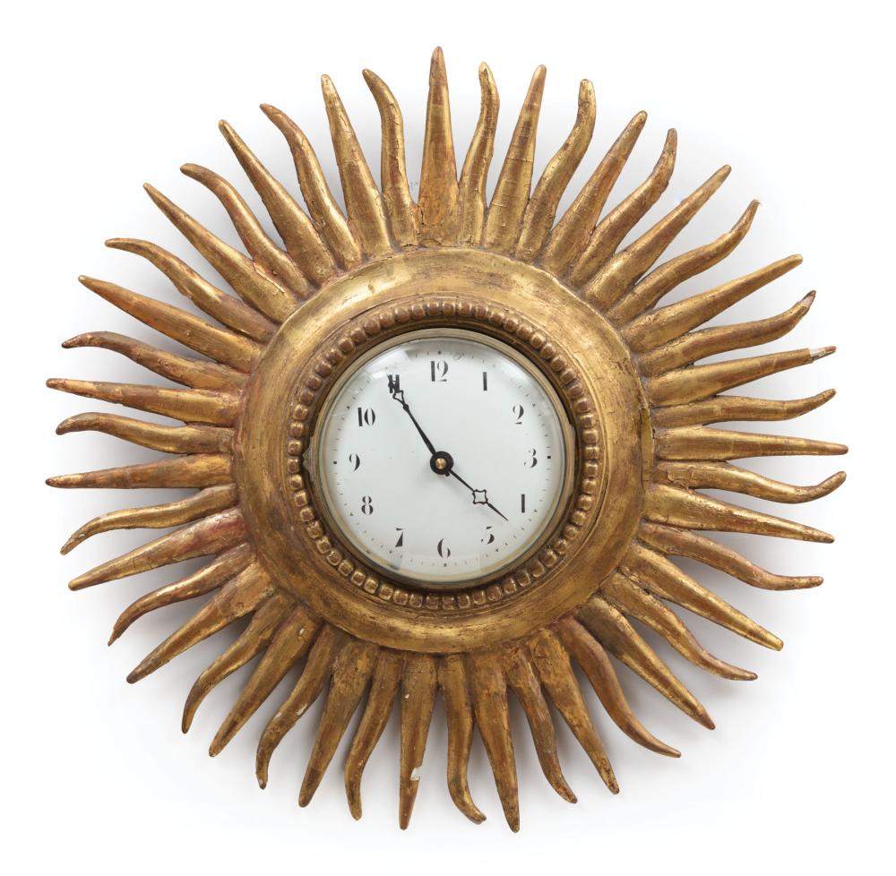 FRENCH GILTWOOD SUNBURST WALL CLOCKFrench