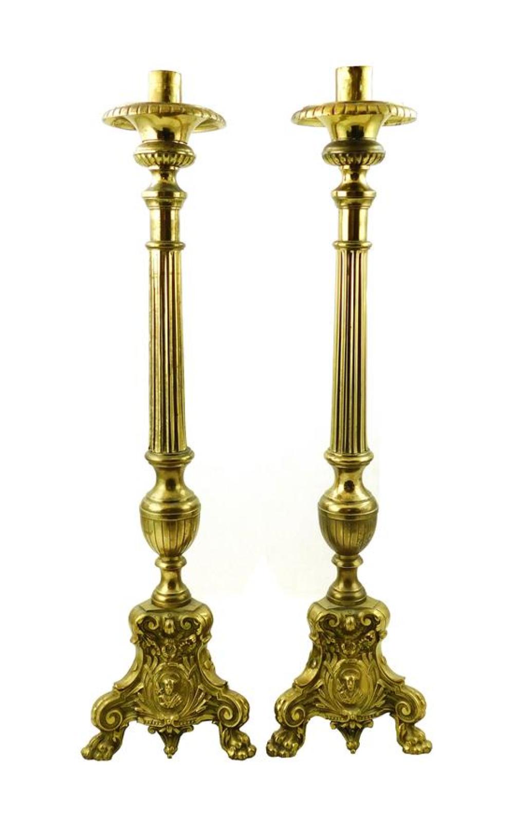 PAIR OF TALL BRASS CANDLESTICKS,