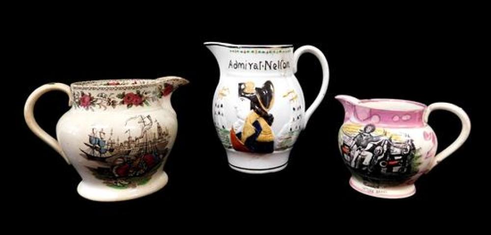 THREE EARLY ENGLISH SOFT PASTE PITCHERS,