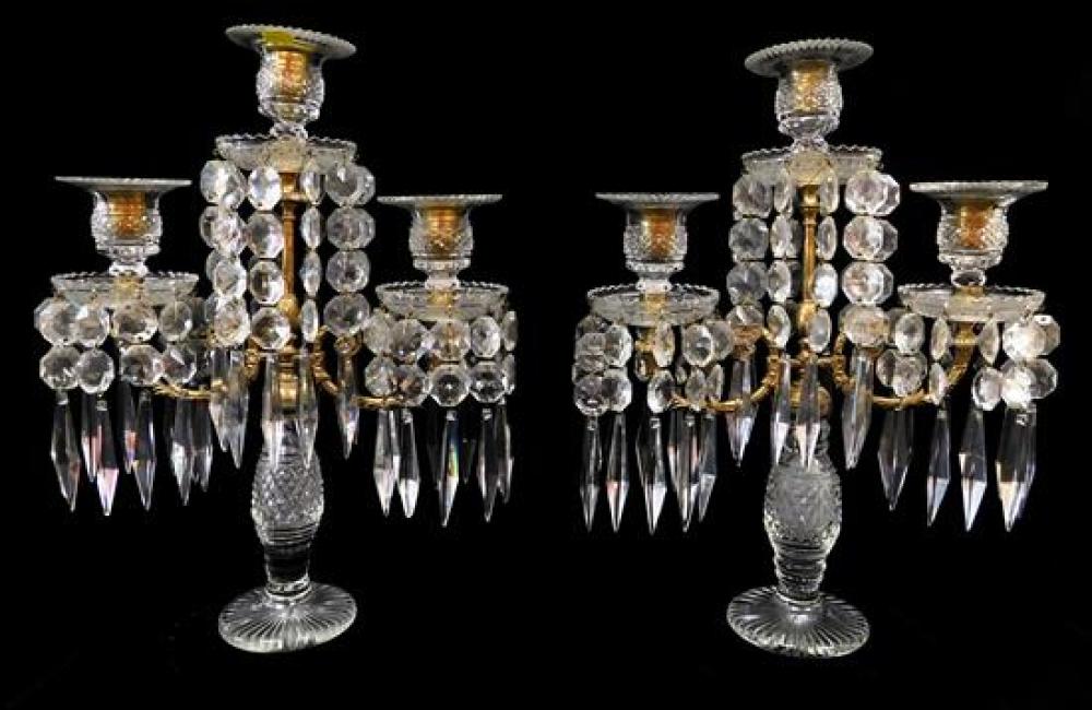 PAIR OF BRASS AND CUT CRYSTAL THREE 31c253