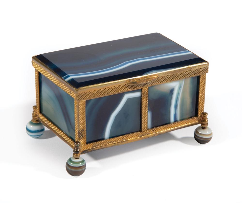 BRONZE-MOUNTED STRIPED BLUE AGATE