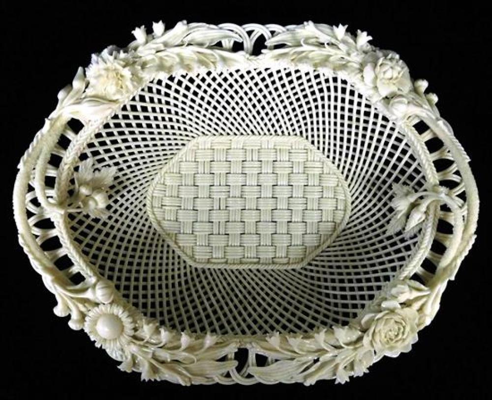 BELLEEK OPEN LATTICE BASKET, TWO HANDLES,