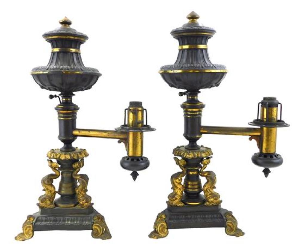 PAIR OF 19TH C. ARGAND LAMPS, BRONZE