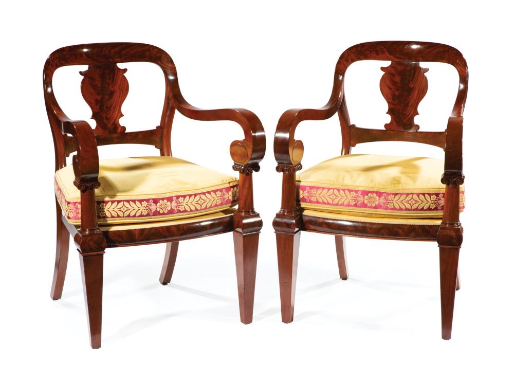 AMERICAN CLASSICAL CARVED MAHOGANY ARMCHAIRSRare