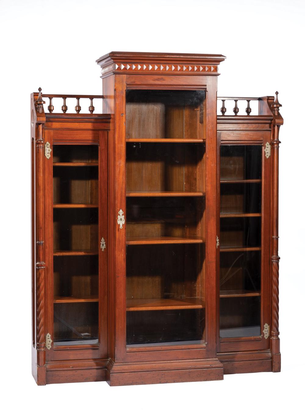 CARVED WALNUT BREAKFRONT BOOKCASE,