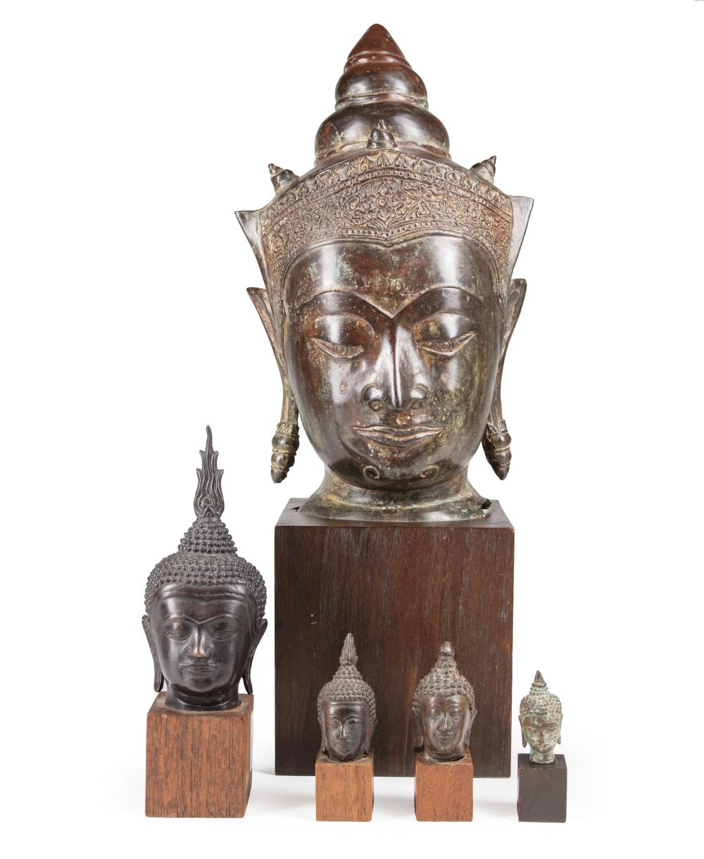 COLLECTION OF FIVE THAI BRONZE HEADS