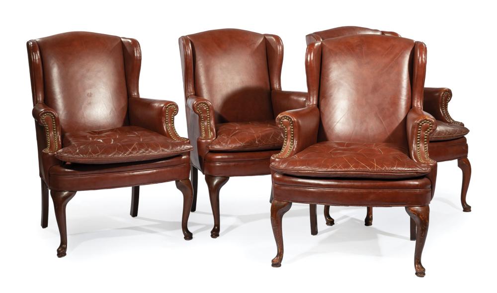 FOUR BROWN LEATHER WINGBACK CHAIRSFour 31c89c