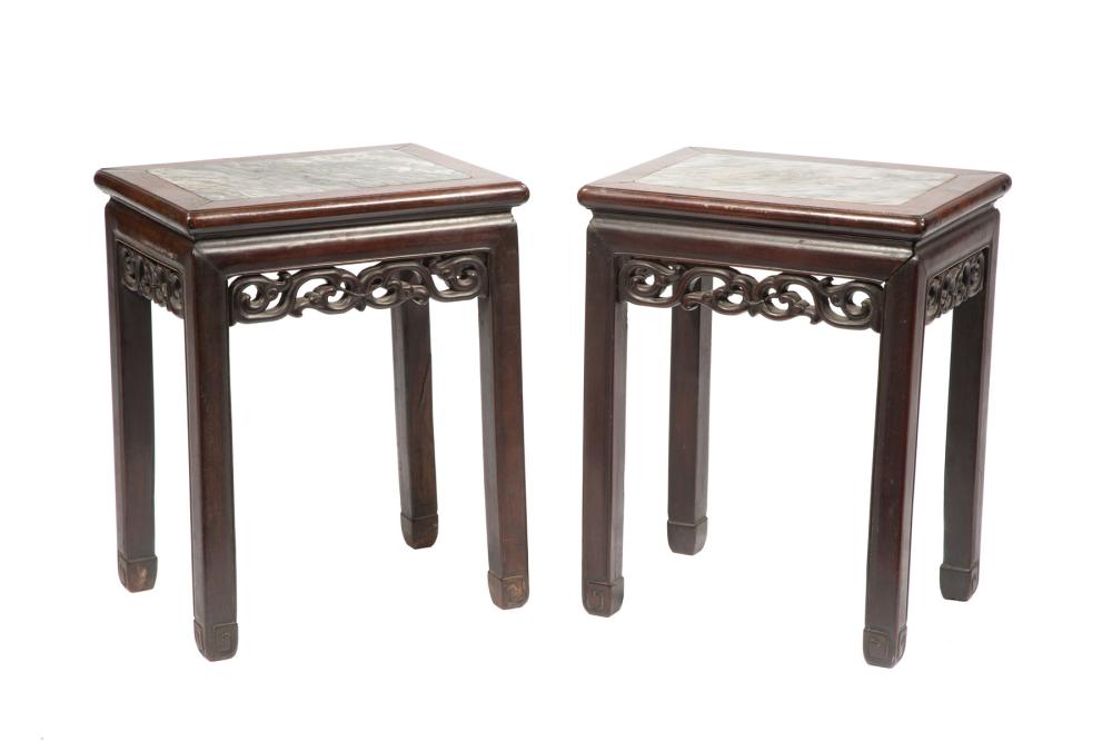 PAIR OF CHINESE MARBLE INSET HARDWOOD