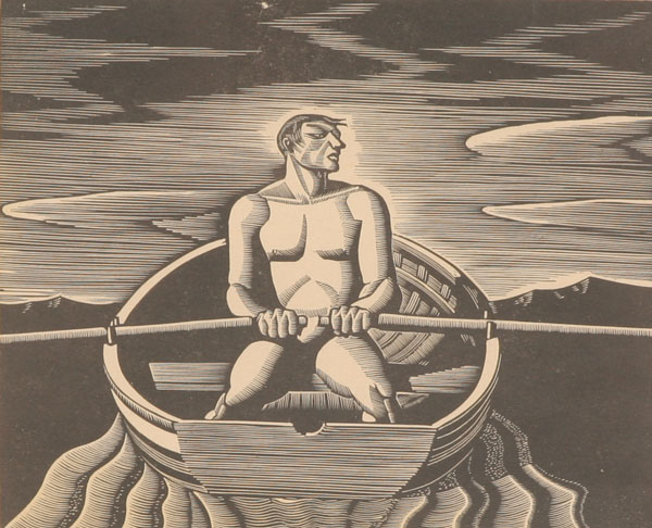 Wood block print Art Deco rowing 4fa9c