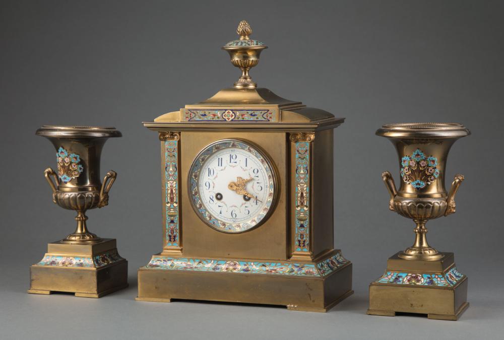 FRENCH BRASS AND CLOISONNE CLOCK GARNITUREFrench