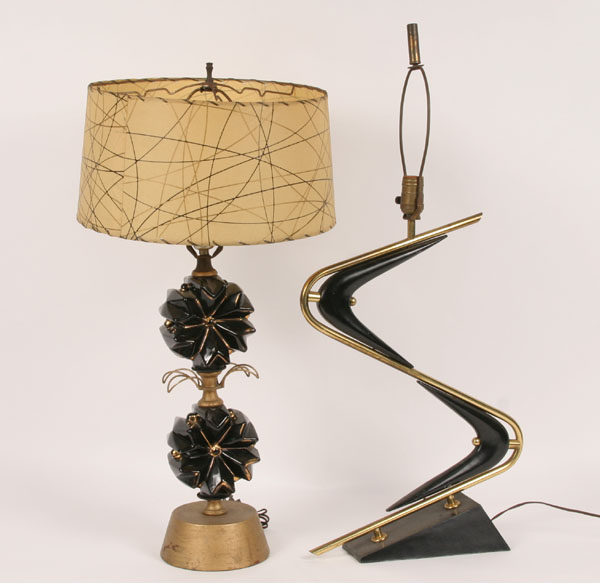 Two vintage black lamps; one wood and