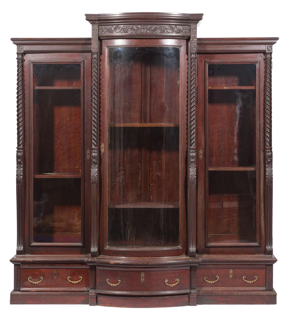 AESTHETIC CARVED MAHOGANY TRIPLE BOOKCASEAmerican