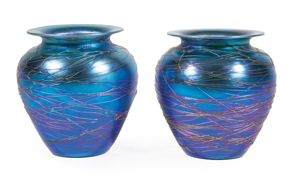 PAIR OF DURAND THREADED BLUE GLASS